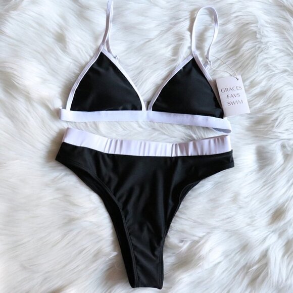 NEW Black White High Waisted Bikini Bathing Suit Swim Set Size Large - Picture 2 of 8